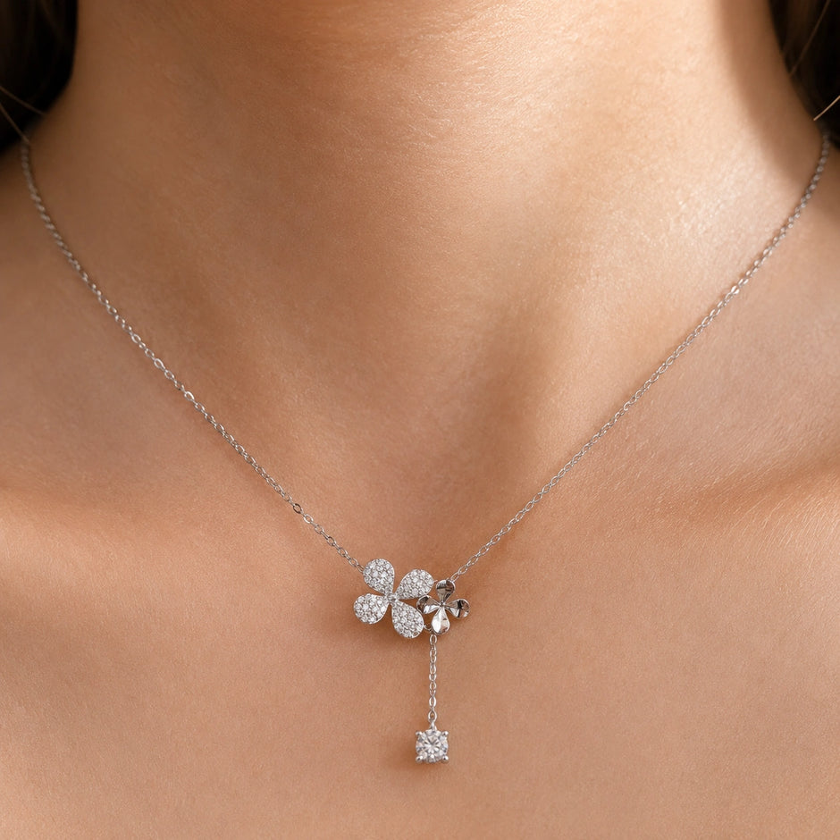 Silver Flower & Square Charm 925 Sterling Silver Pendant Chain for Women