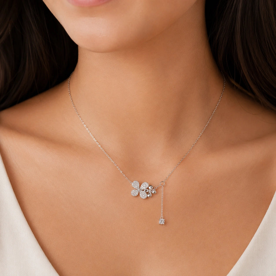 Silver Flower & Square Charm 925 Sterling Silver Pendant Chain for Women