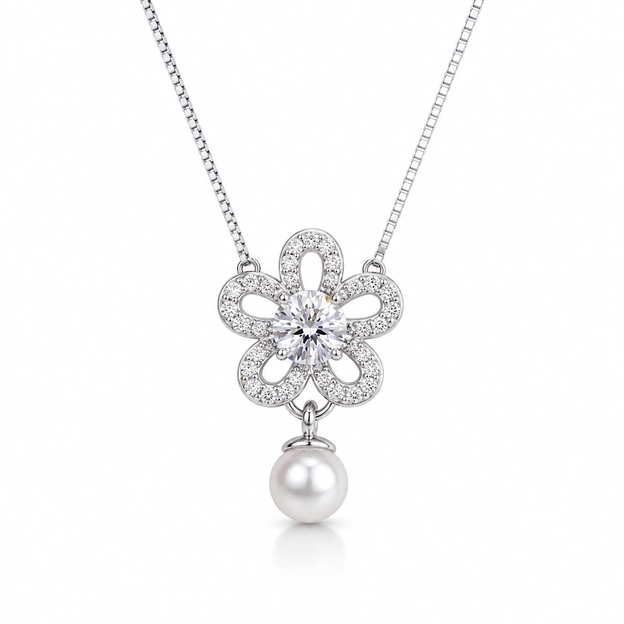 Silver Flower & Teardrop Pendant 925 Sterling Silver Chain for Women