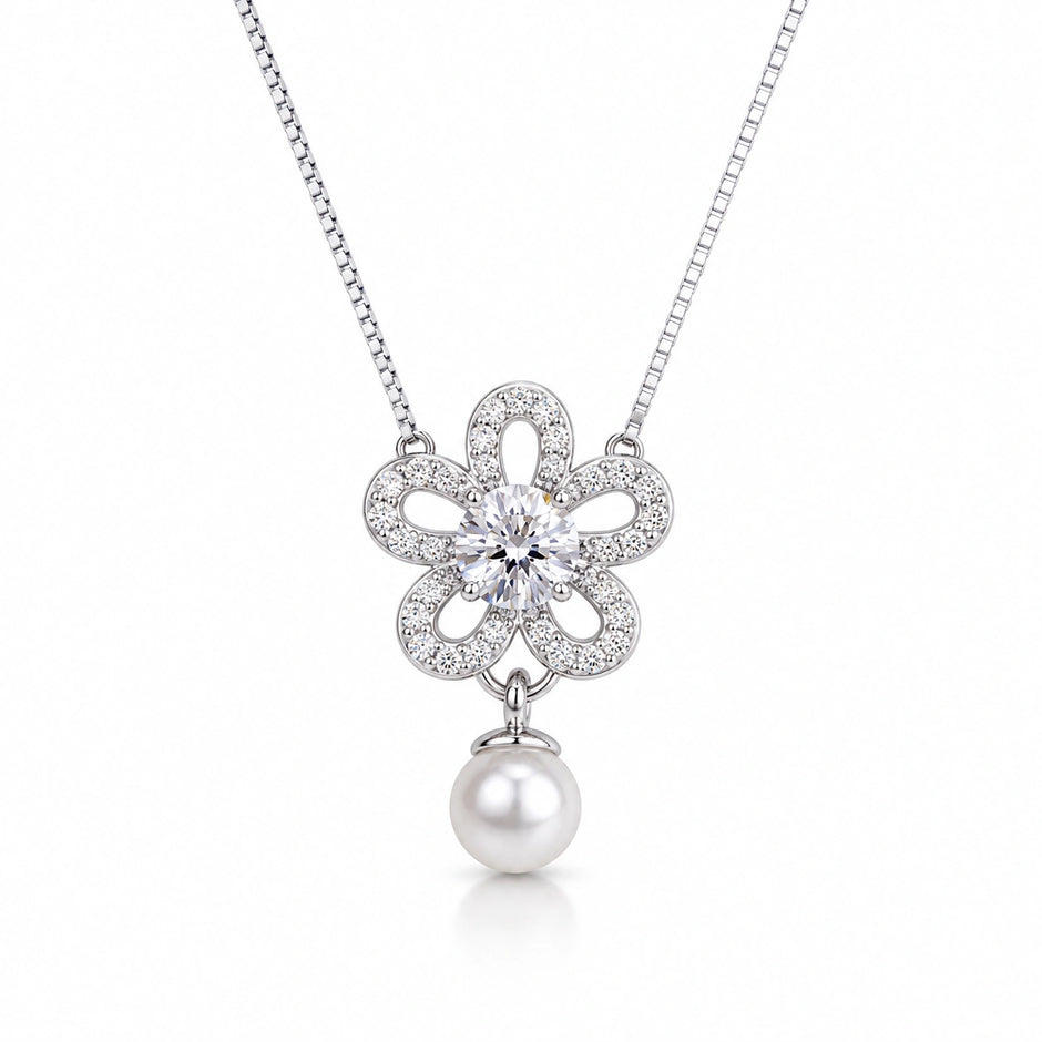 Silver Flower & Teardrop Pendant 925 Sterling Silver Chain for Women