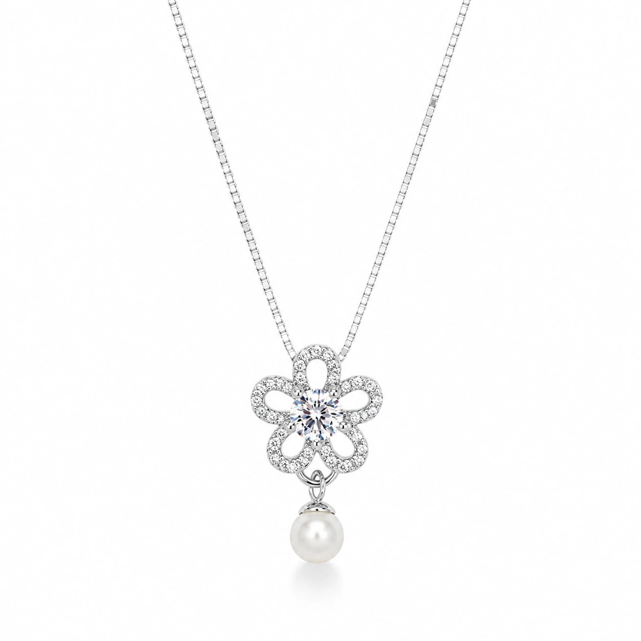 Silver Flower & Teardrop Pendant 925 Sterling Silver Chain for Women