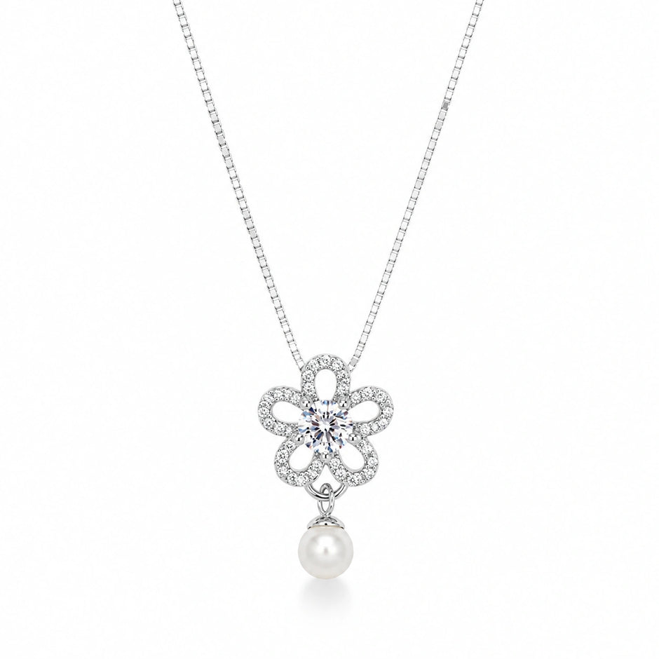 Silver Flower & Teardrop Pendant 925 Sterling Silver Chain for Women