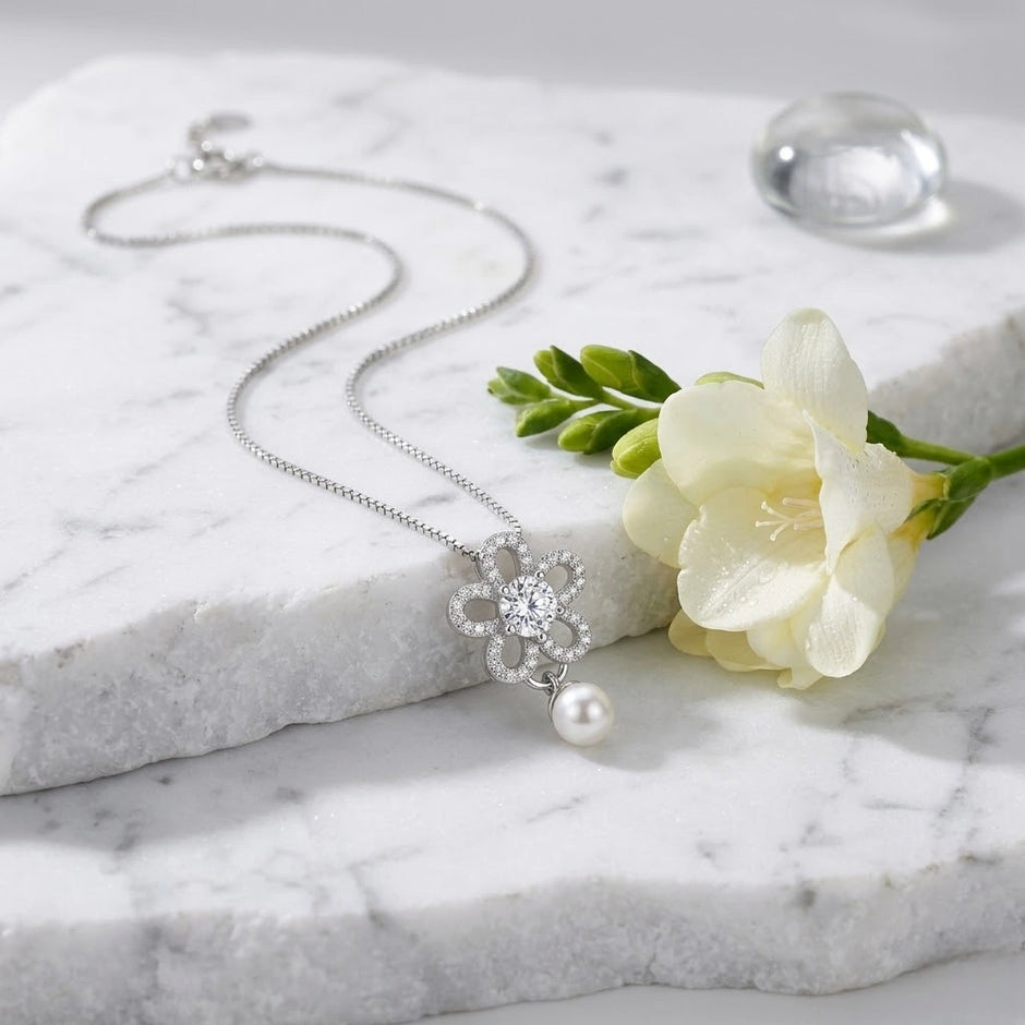 Silver Flower & Teardrop Pendant 925 Sterling Silver Chain for Women