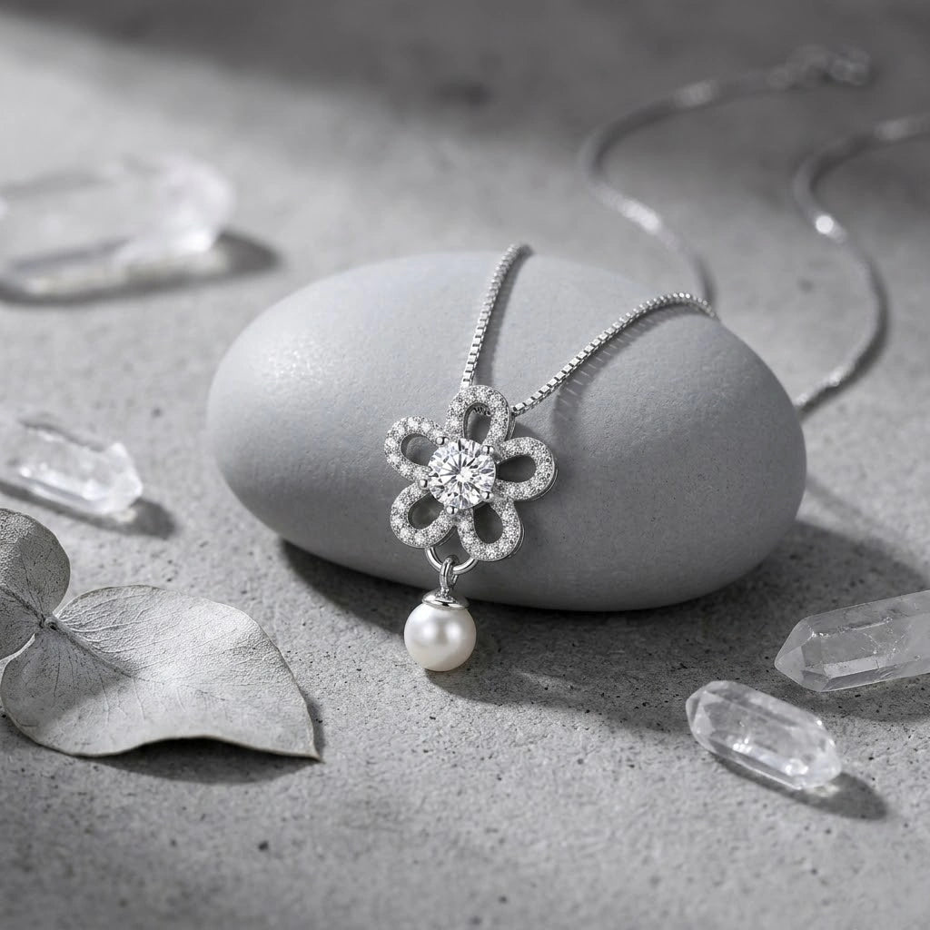 Silver Flower & Teardrop Pendant 925 Sterling Silver Chain for Women