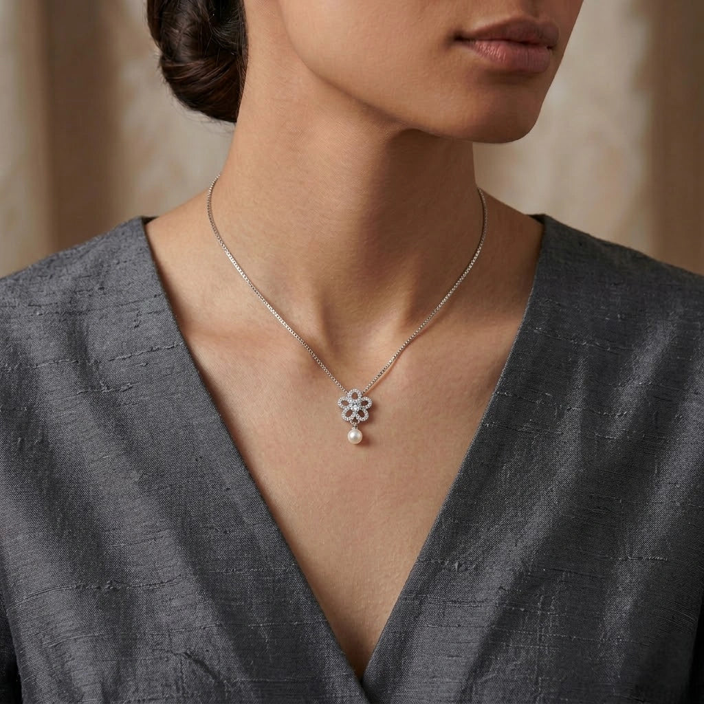 Silver Flower & Teardrop Pendant 925 Sterling Silver Chain for Women