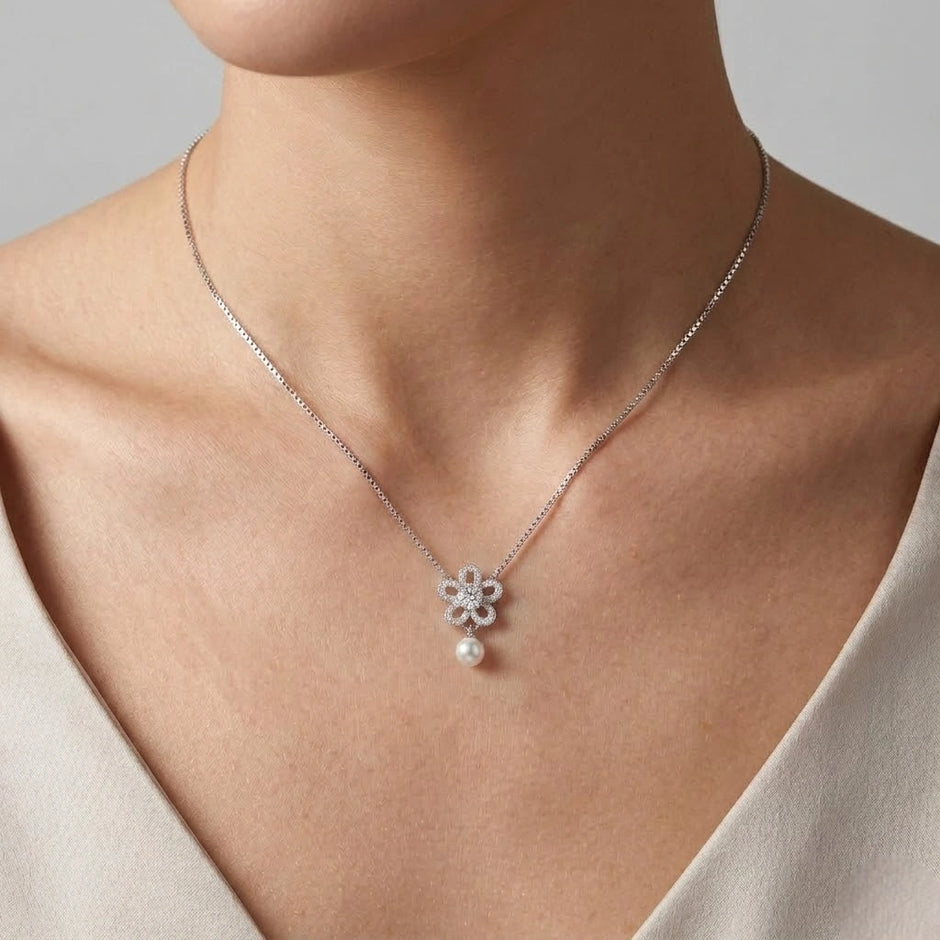 Silver Flower & Teardrop Pendant 925 Sterling Silver Chain for Women