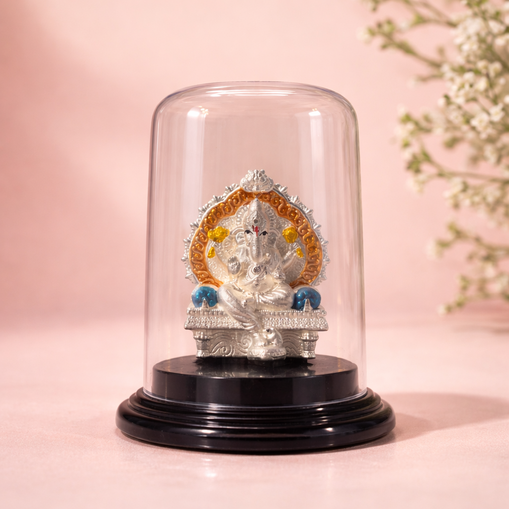 Silver Ganesh devotional murti elegant glass dome home decor