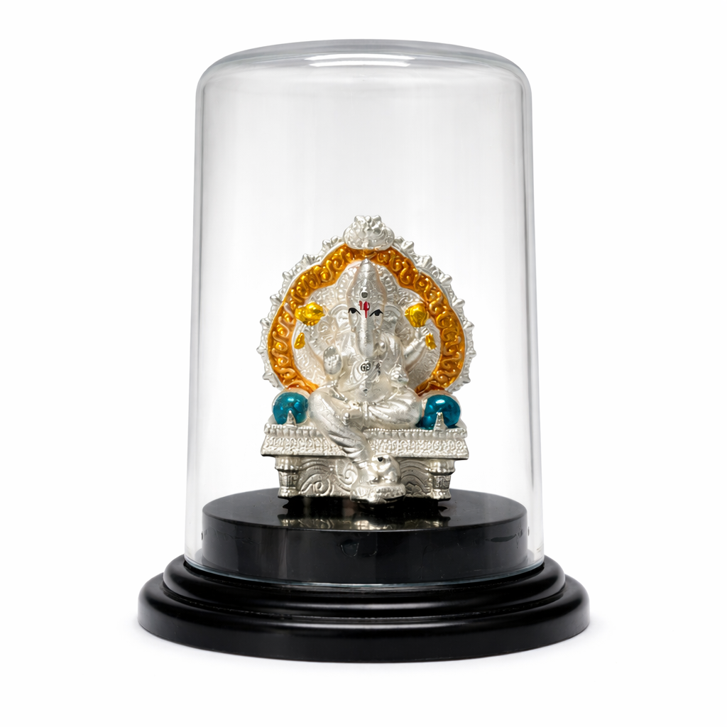 Silver Ganesh devotional murti elegant glass dome home decor