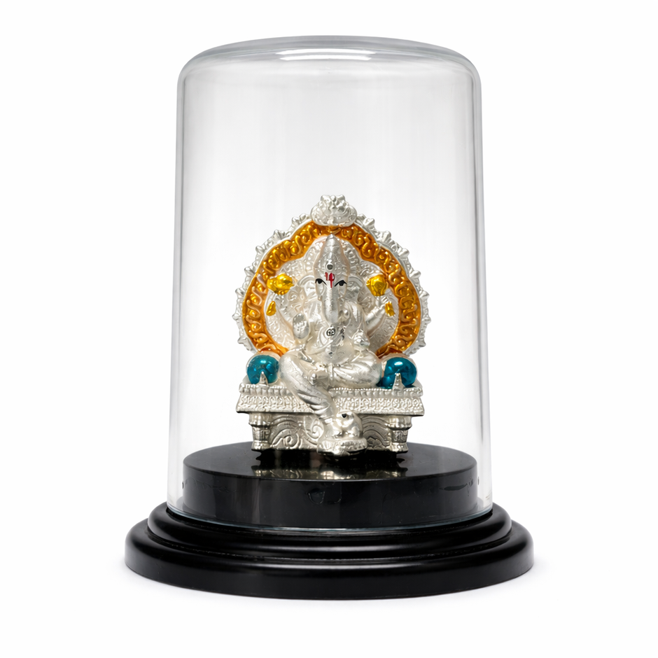 Silver Ganesh devotional murti elegant glass dome home decor