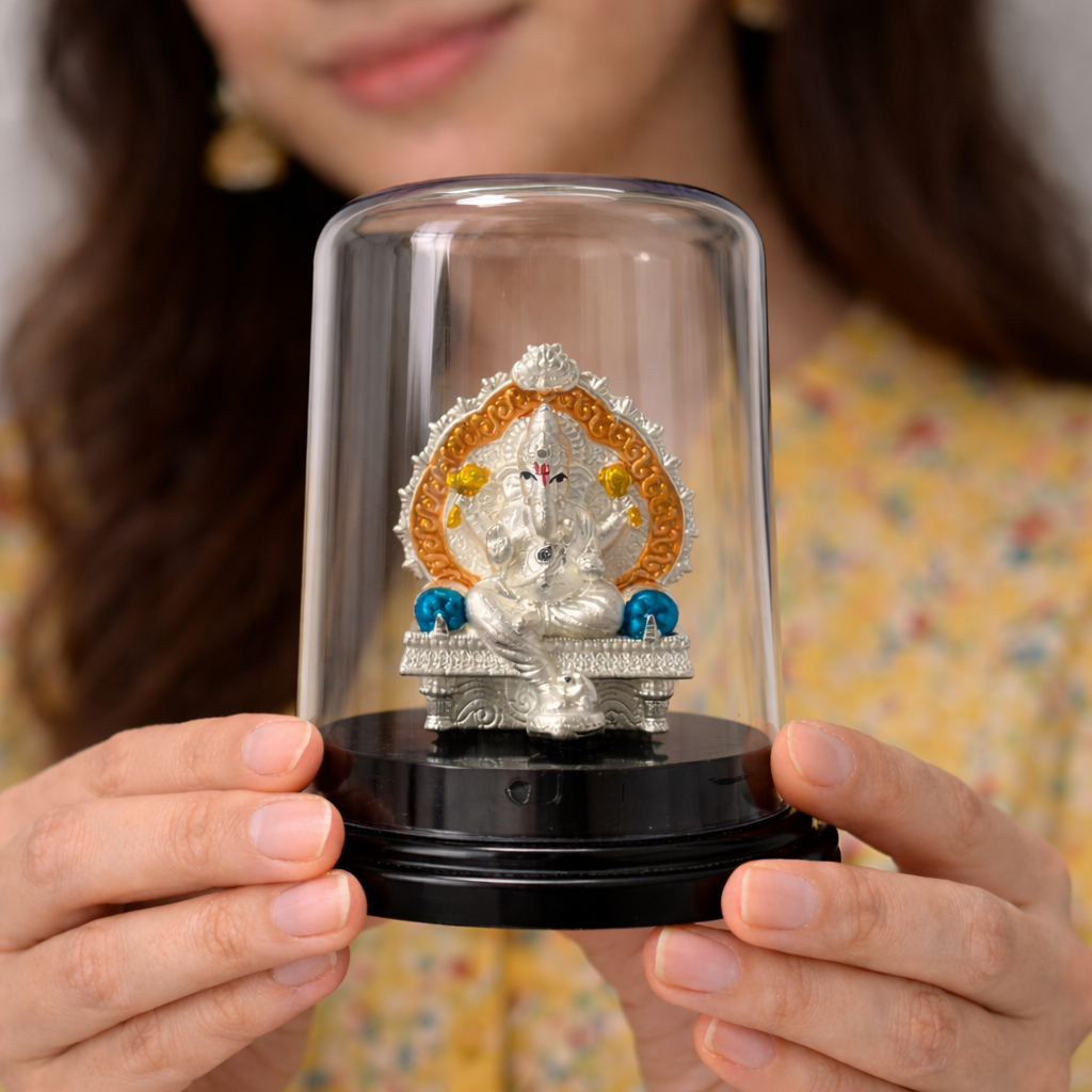 Silver Ganesh devotional murti elegant glass dome home decor