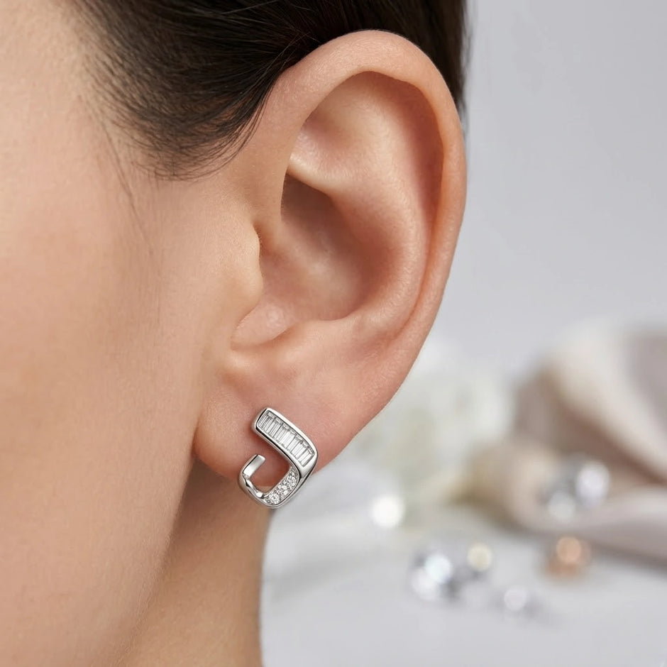 Silver Geometric Baguette Diamond 925 Sterling Silver Stud Earrings for Women