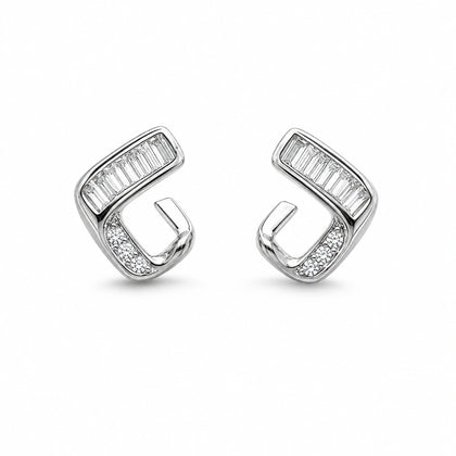 925 Sterling Silver Geometric Open Stud Earrings with Baguette and Round Cubic Zirconia