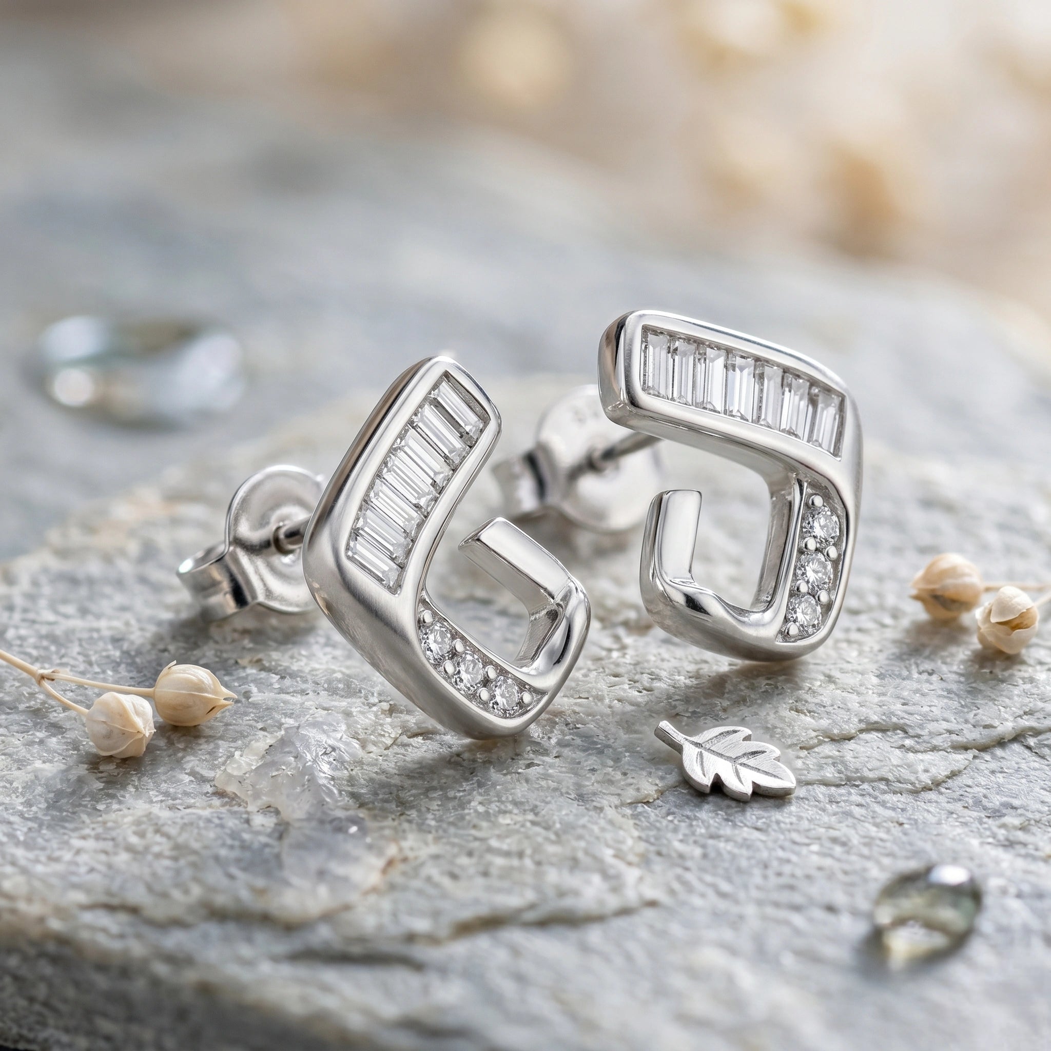 Silver Geometric Baguette Diamond 925 Sterling Silver Stud Earrings for Women