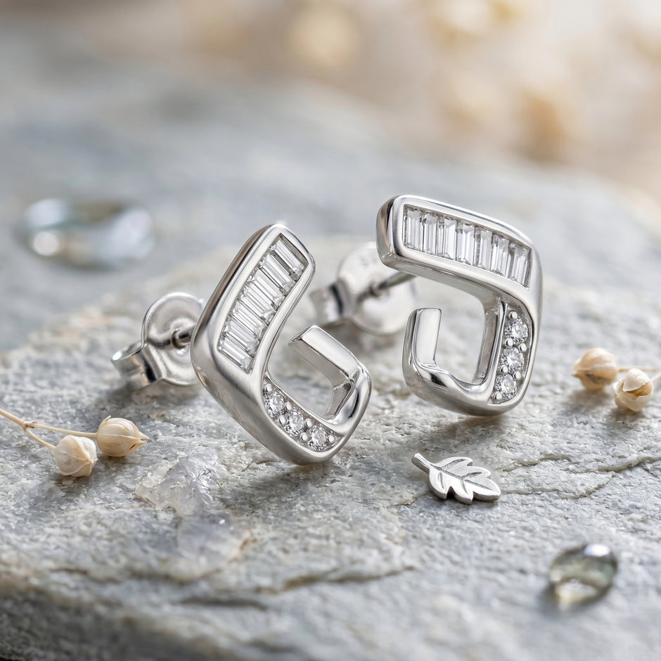 Silver Geometric Baguette Diamond 925 Sterling Silver Stud Earrings for Women