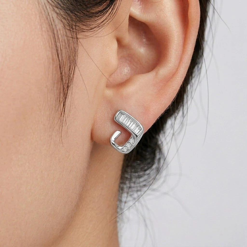 Silver Geometric Baguette Diamond 925 Sterling Silver Stud Earrings for Women