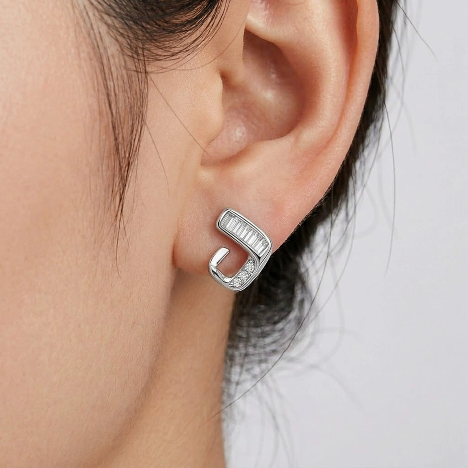Silver Geometric Baguette Diamond 925 Sterling Silver Stud Earrings for Women