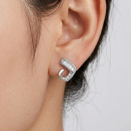 925 Sterling Silver Geometric Open Stud Earrings with Baguette and Round Cubic Zirconia