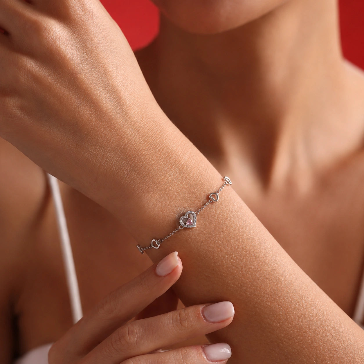Silver 925 sterling silver heart bracelet with pink stone for women