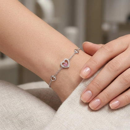 Silver 925 sterling silver heart bracelet with pink stone for women