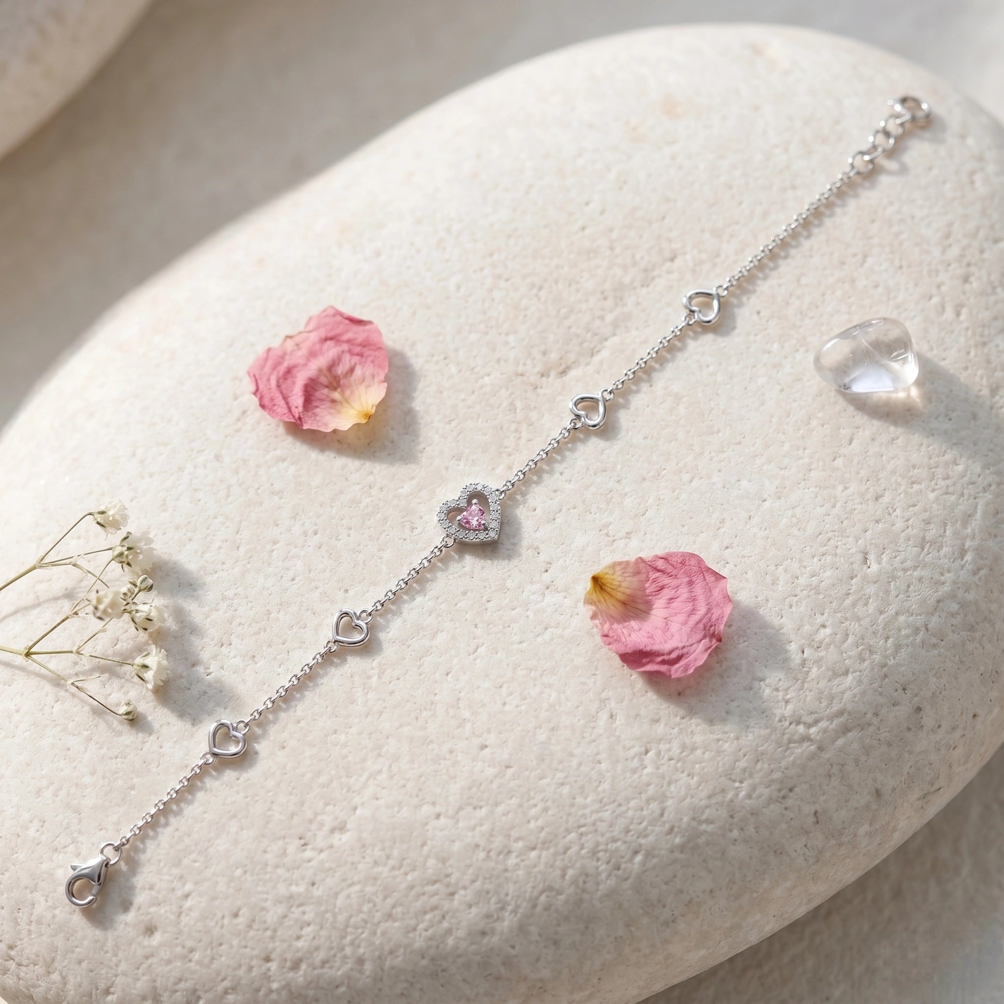 Silver 925 sterling silver heart bracelet with pink stone for women
