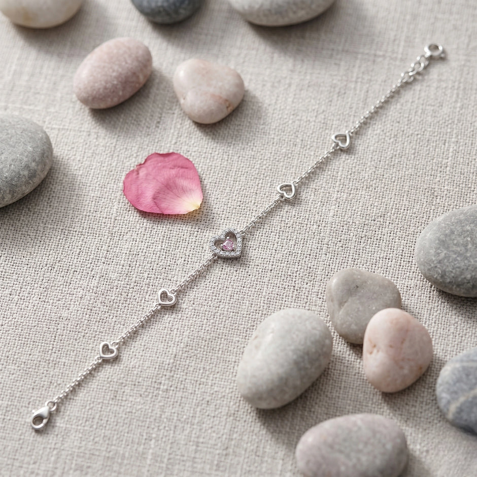 Silver 925 sterling silver heart bracelet with pink stone for women