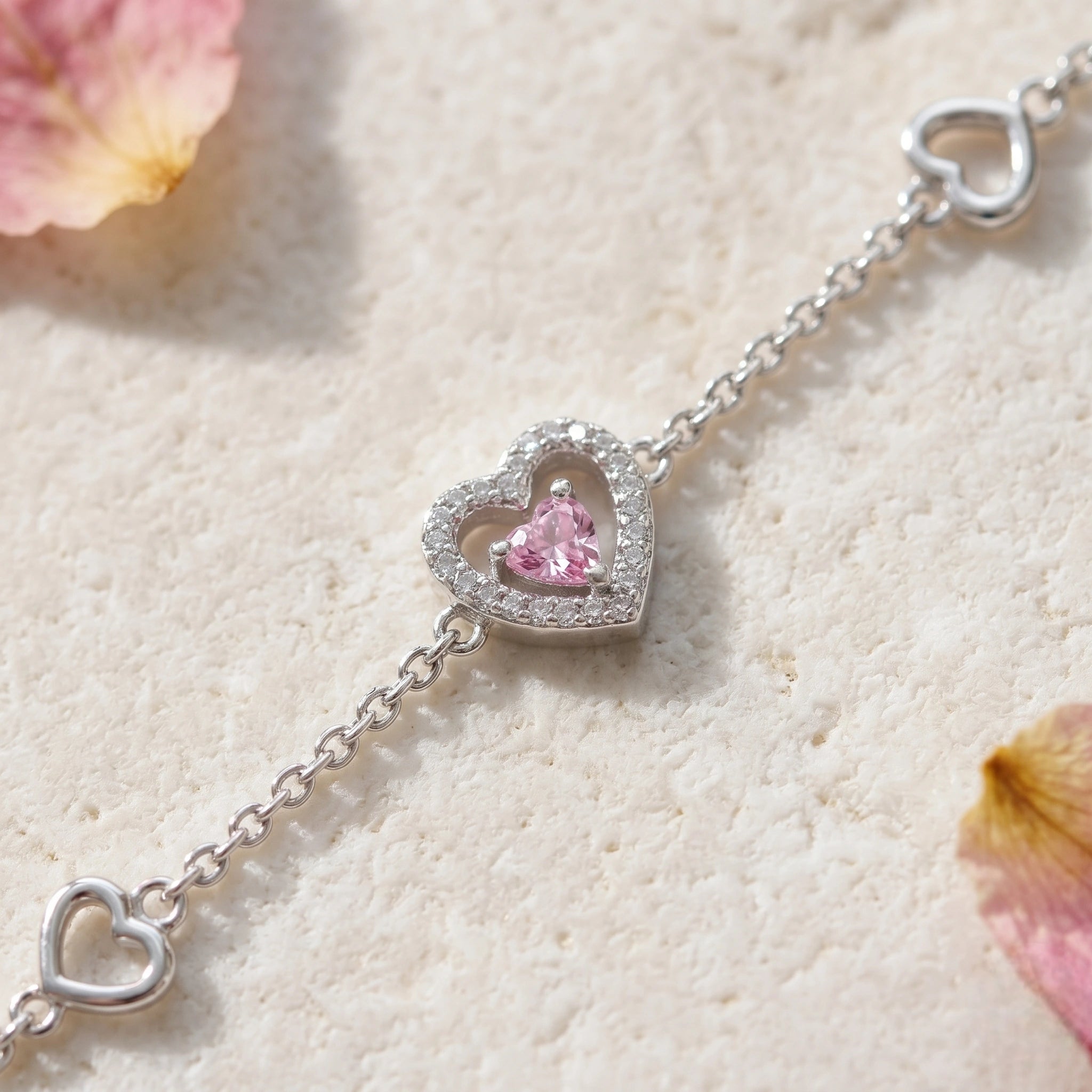 Silver 925 sterling silver heart bracelet with pink stone for women