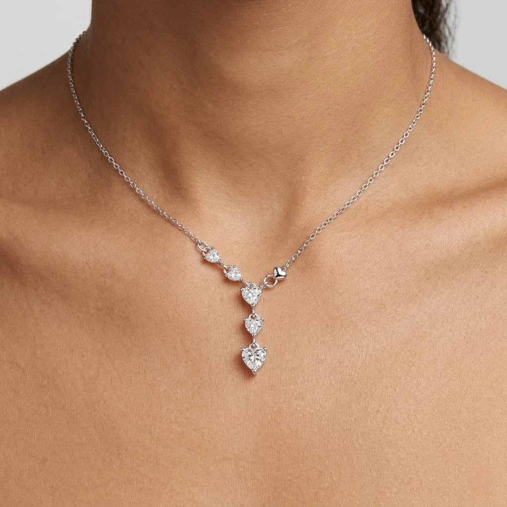 Silver Heart Drop White Stone 925 Sterling Silver Pendant Chain for Women