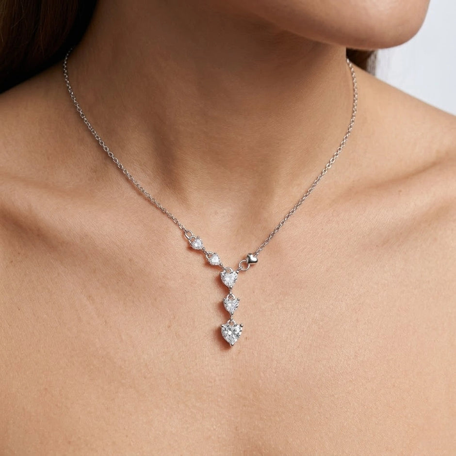 Silver Heart Drop White Stone 925 Sterling Silver Pendant Chain for Women