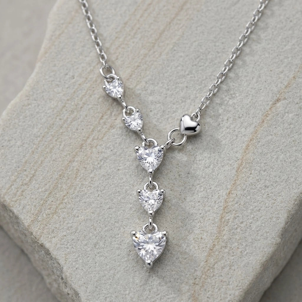 Silver Heart Drop White Stone 925 Sterling Silver Pendant Chain for Women