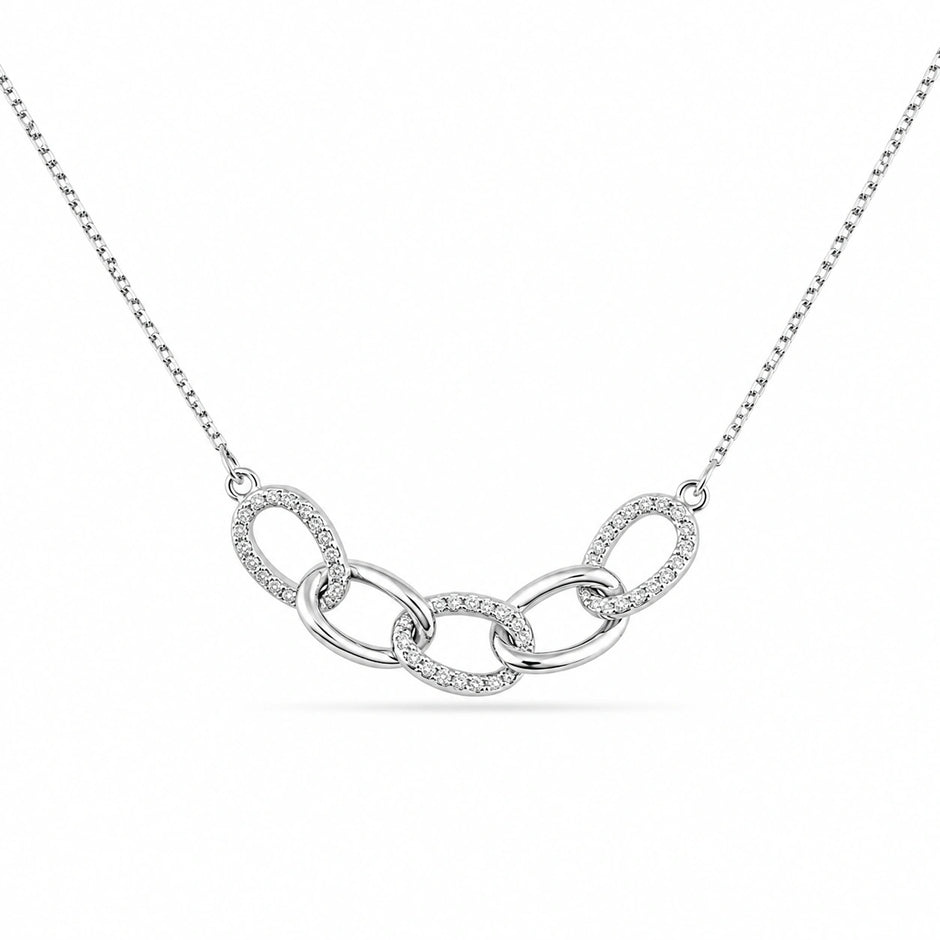Silver Interlinked Oval White Stone 925 Sterling Silver Pendant Chain for Women