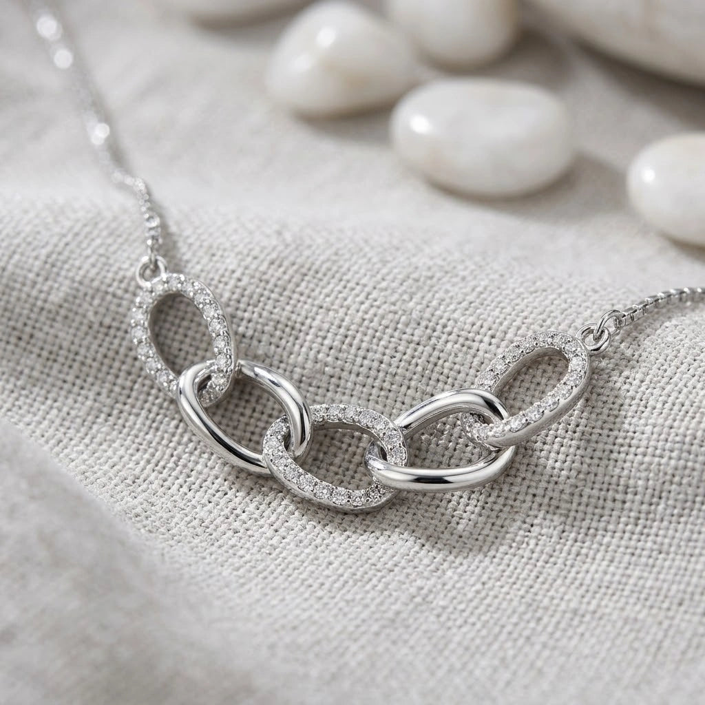 Silver Interlinked Oval White Stone 925 Sterling Silver Pendant Chain for Women