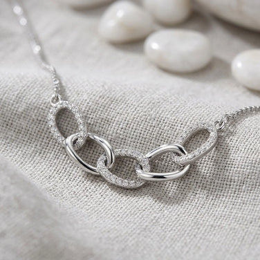 Silver Interlinked Oval White Stone 925 Sterling Silver Pendant Chain for Women