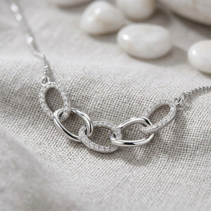 Silver Interlinked Oval White Stone 925 Sterling Silver Pendant Chain for Women
