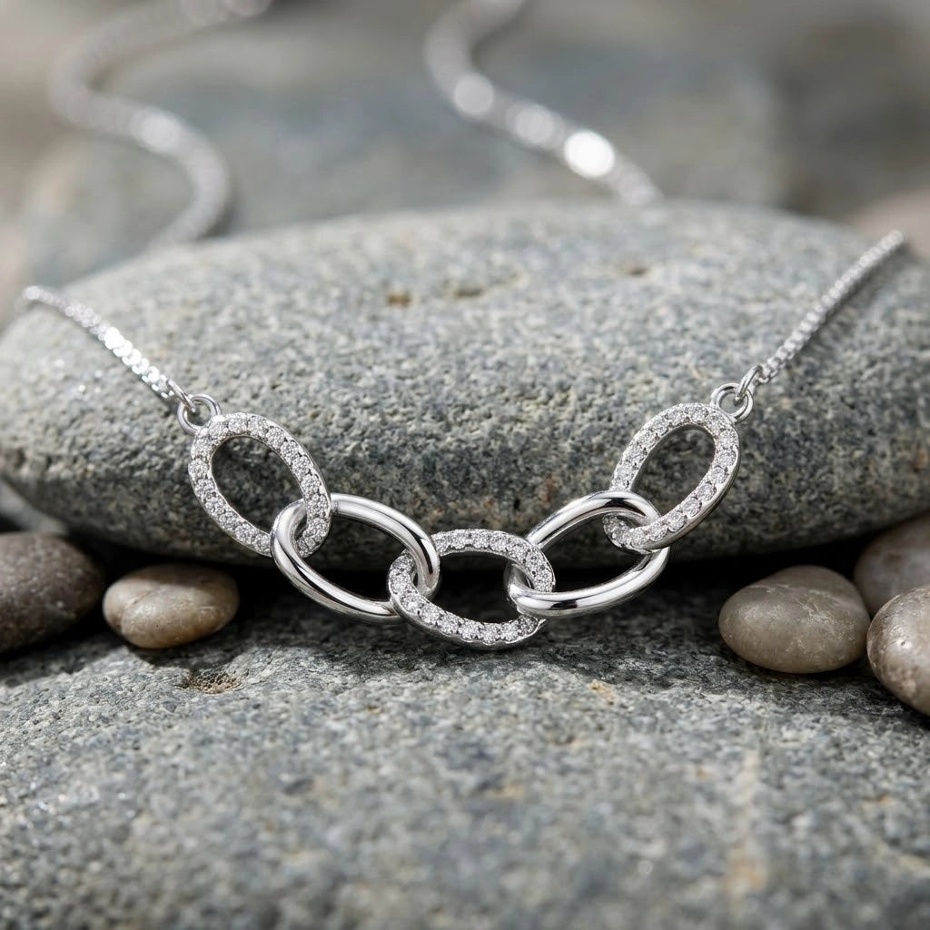 Silver Interlinked Oval White Stone 925 Sterling Silver Pendant Chain for Women
