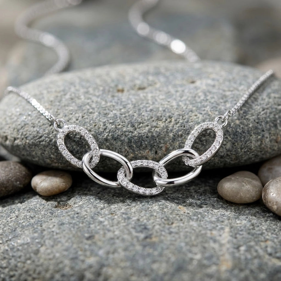 Silver Interlinked Oval White Stone 925 Sterling Silver Pendant Chain for Women