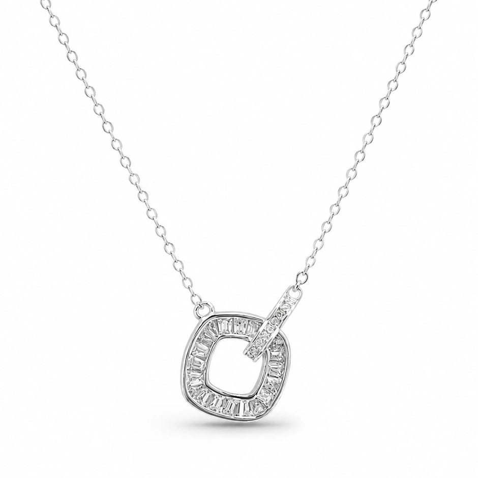 Silver Interlocking Square & Heart CZ 925 Sterling Silver Pendant Chain for Women