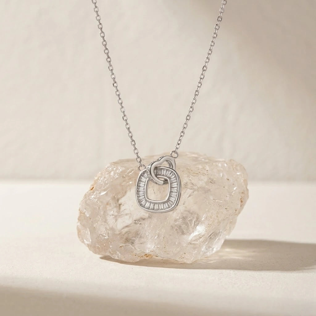Silver Interlocking Square & Heart CZ 925 Sterling Silver Pendant Chain for Women