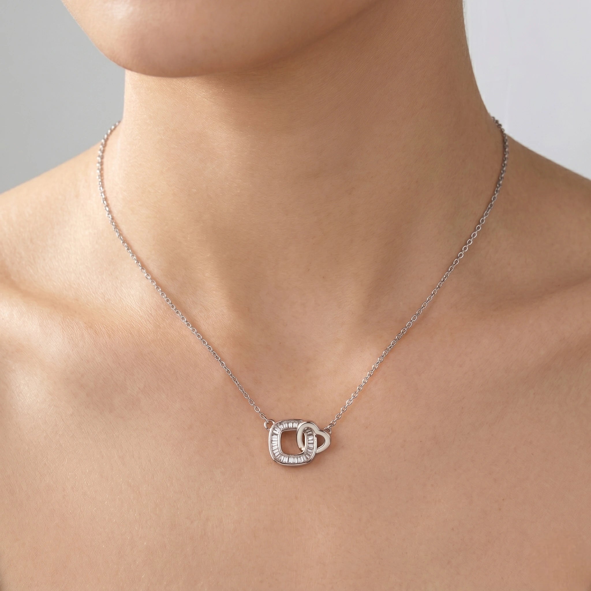 Silver Interlocking Square & Heart CZ 925 Sterling Silver Pendant Chain for Women