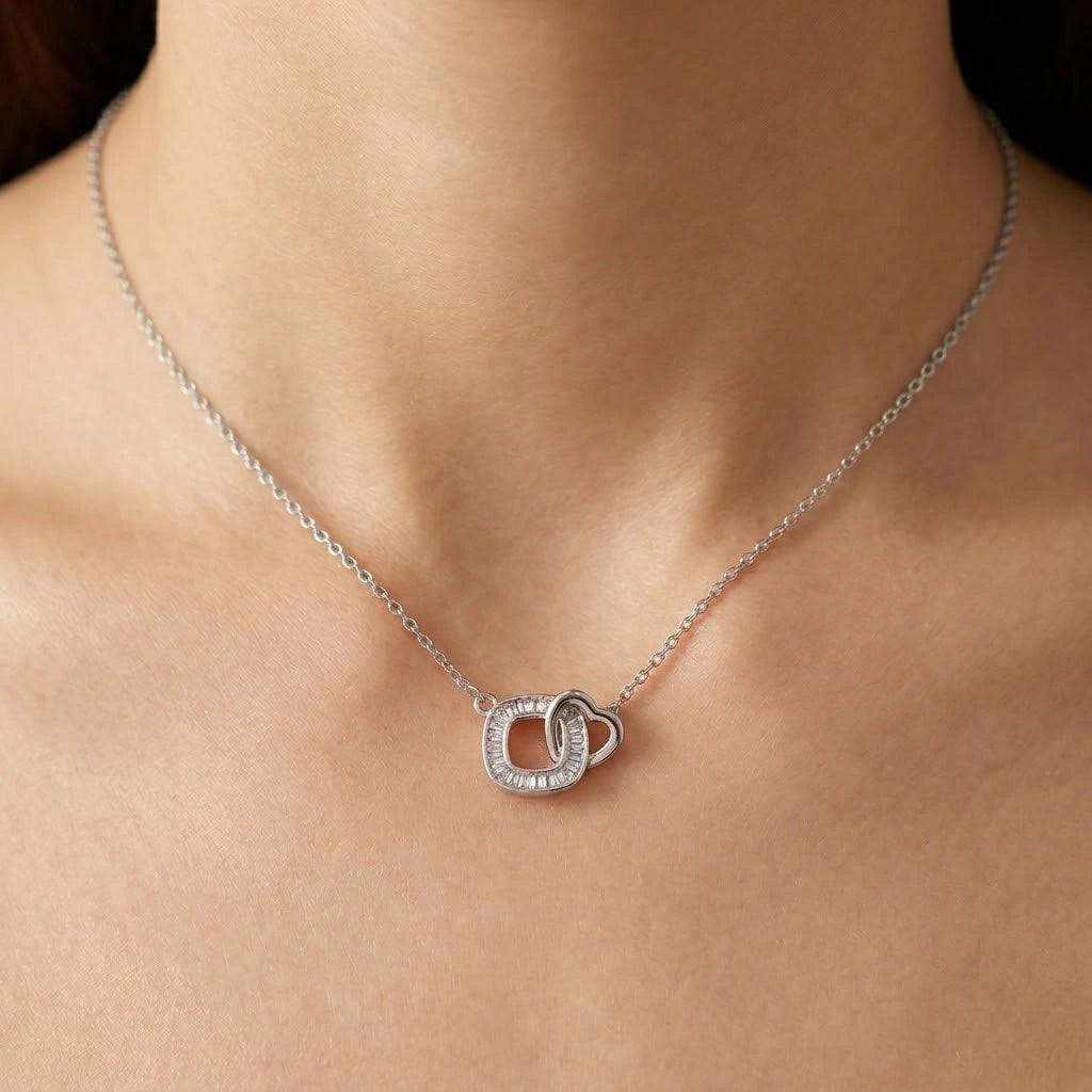 Silver Interlocking Square & Heart CZ 925 Sterling Silver Pendant Chain for Women