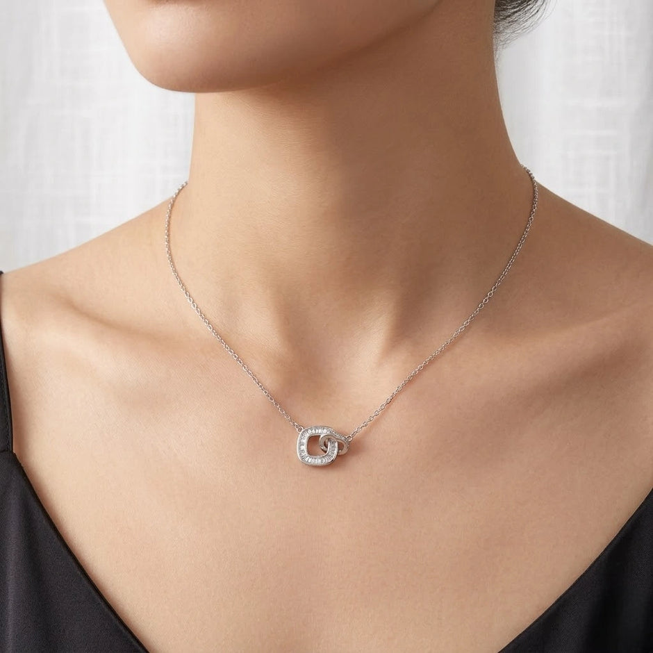 Silver Interlocking Square & Heart CZ 925 Sterling Silver Pendant Chain for Women