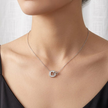 Silver Interlocking Square & Heart CZ 925 Sterling Silver Pendant Chain for Women