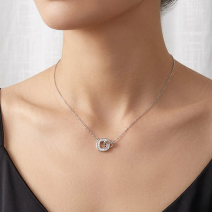 Silver Interlocking Square & Heart CZ 925 Sterling Silver Pendant Chain for Women