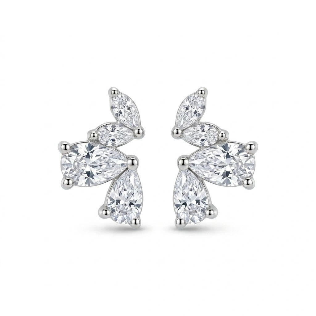 Silver Marquise Floral Diamond 925 Sterling Silver Stud Earrings for Women