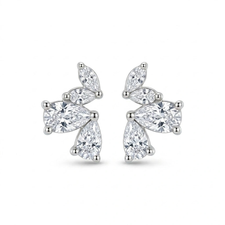 Silver Marquise Floral Diamond 925 Sterling Silver Stud Earrings for Women