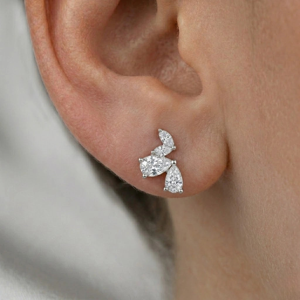 Silver Marquise Floral Diamond 925 Sterling Silver Stud Earrings for Women