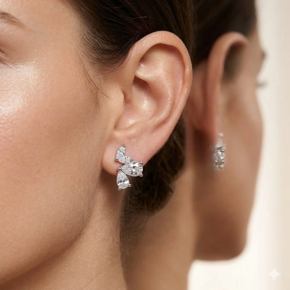 Silver Marquise Floral Diamond 925 Sterling Silver Stud Earrings for Women