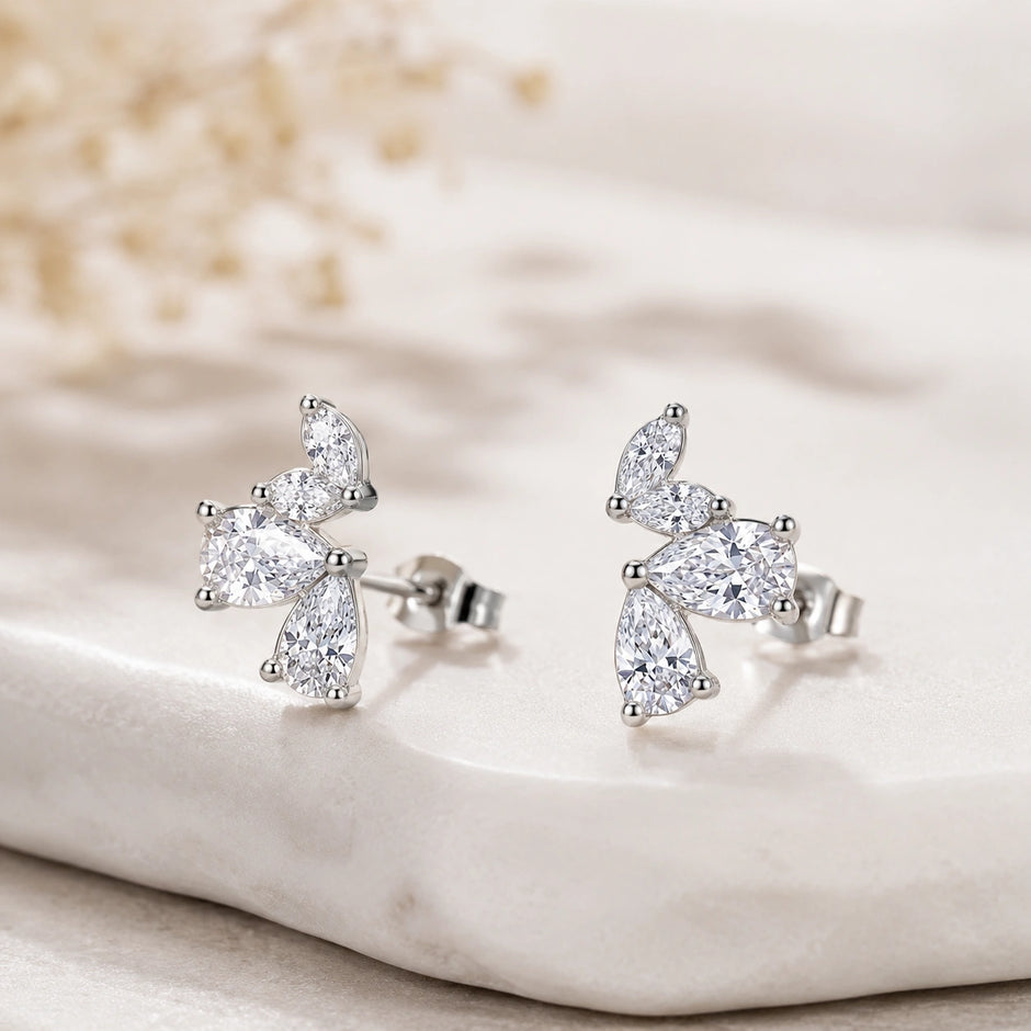 Silver Marquise Floral Diamond 925 Sterling Silver Stud Earrings for Women