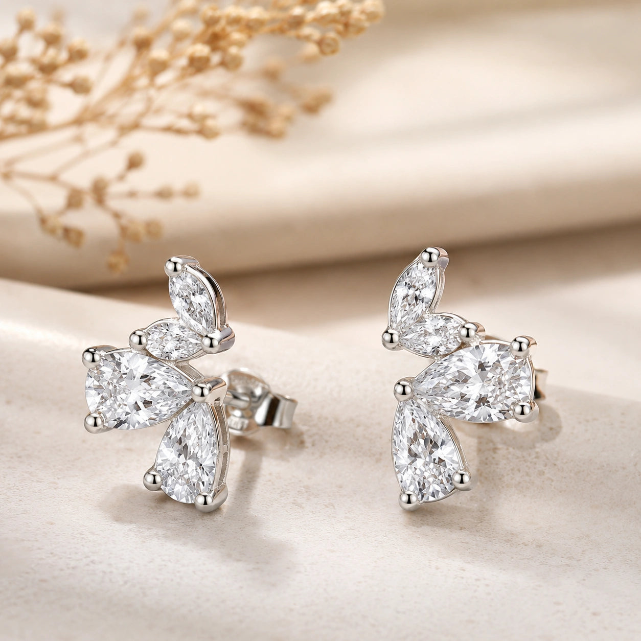 Silver Marquise Floral Diamond 925 Sterling Silver Stud Earrings for Women