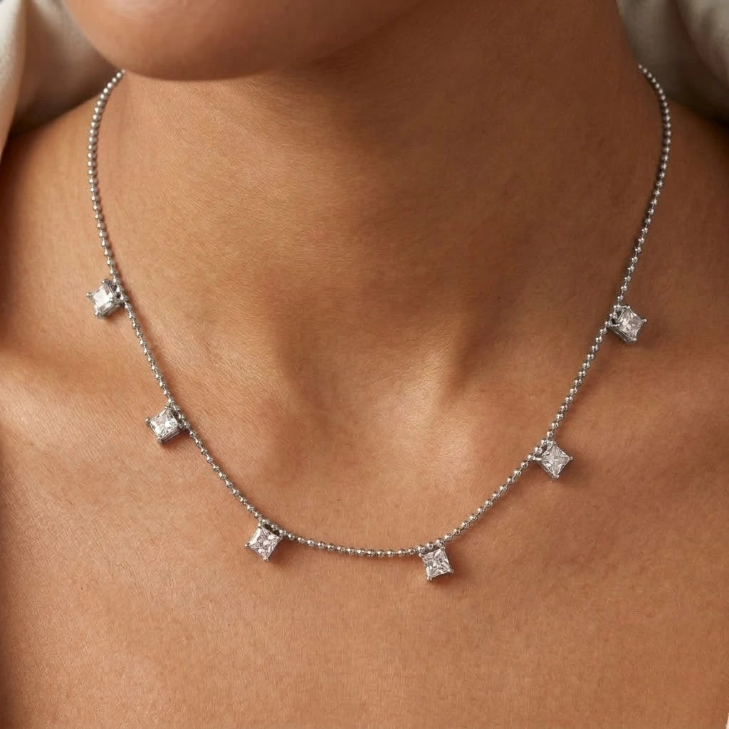 Silver Multi Square White Stone 925 Sterling Silver Pendant Chain for Women