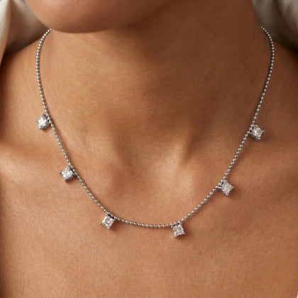 Silver Multi Square White Stone 925 Sterling Silver Pendant Chain for Women